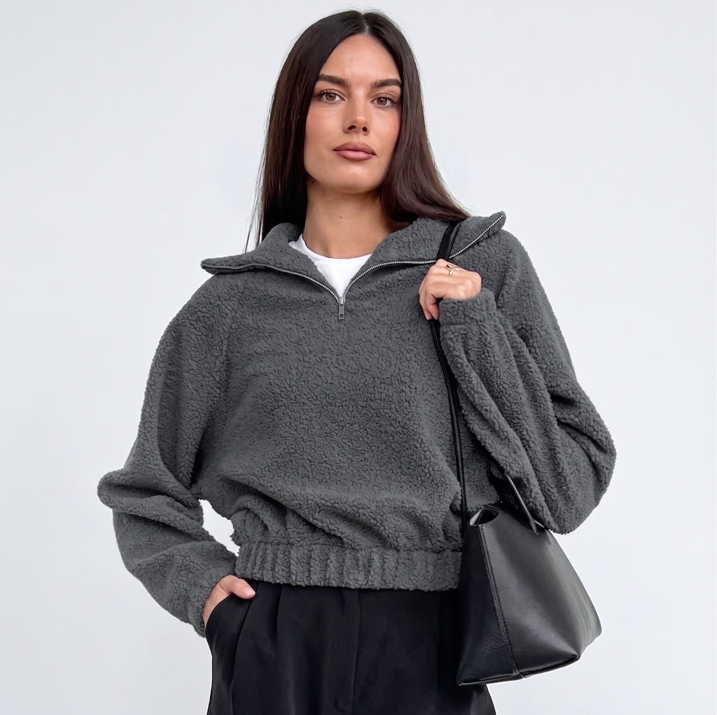 Detalle del cuello y la cremallera de la chaqueta teddy ROHPPER en gris
